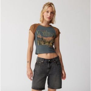 URBAN OUTFITTERS // RAGLAN BABY TEE // S // TAN & GREEN-BLUE-GREYISH